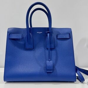 Sold- Sac De jour Saint Laurent Paris Blue Letter Handbag Tote with Strap